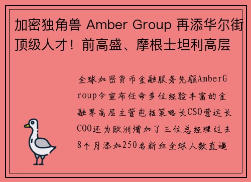 加密独角兽 Amber Group 再添华尔街顶级人才！前高盛、摩根士坦利高层加入